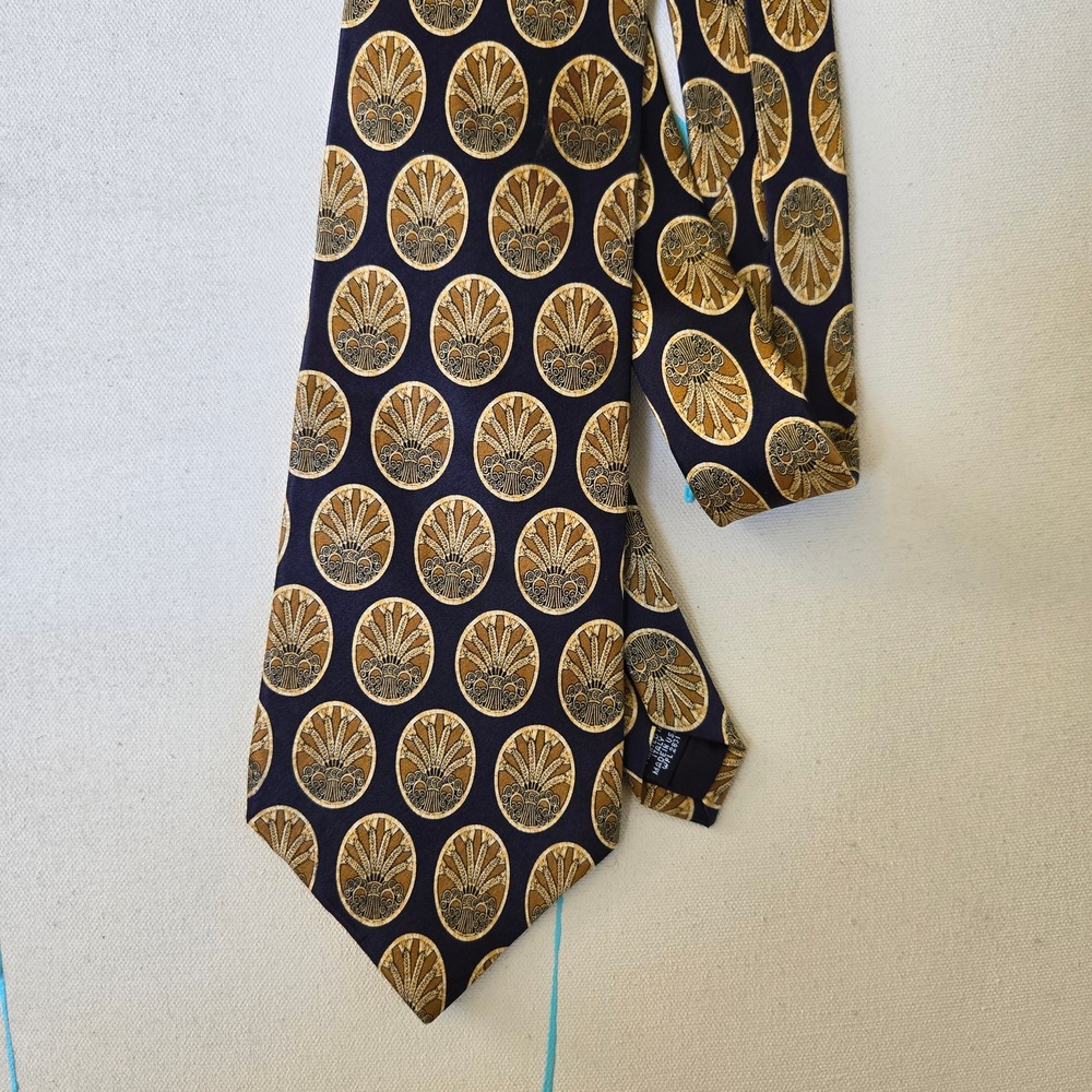VTG Courreges Homme Silk Necktie Tie1990s Mens Fashion Accessory Navy Gold‎ 56"
